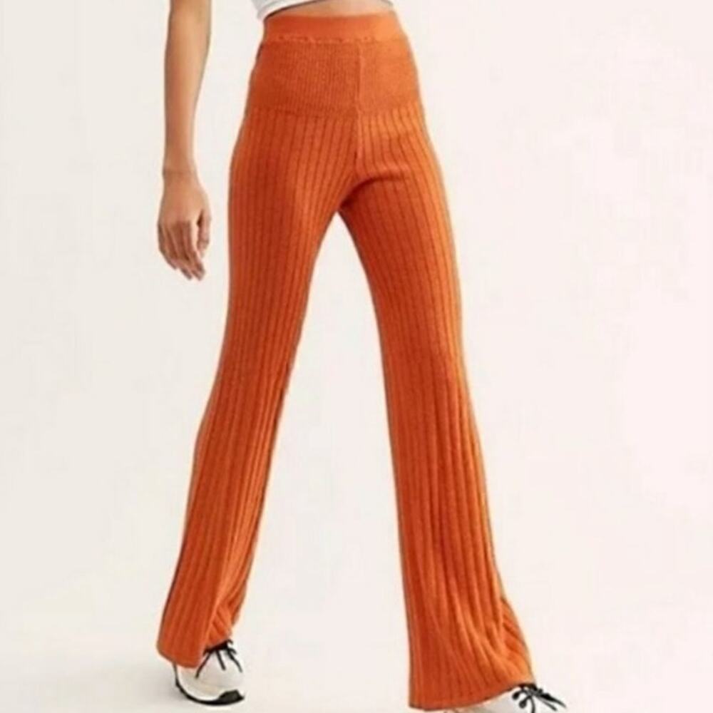 Free People Orange Keep It Real Ribbed Flare Pant Sz M